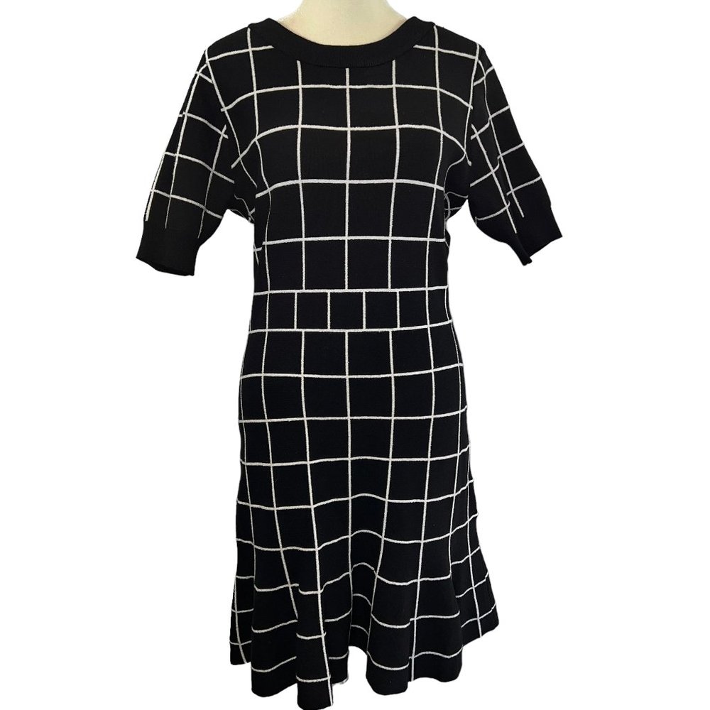 MILLY Black & White Windowpane Knit A-Line Dress – Open Back – Size M - Picture 5 of 16